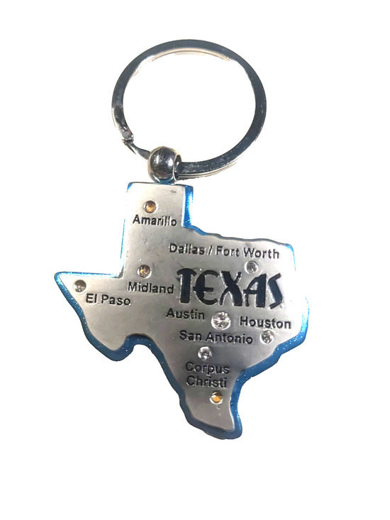 Unbranded Accessories - Texas metal Keychain Blue Silver Tone Rhinestone Map City
